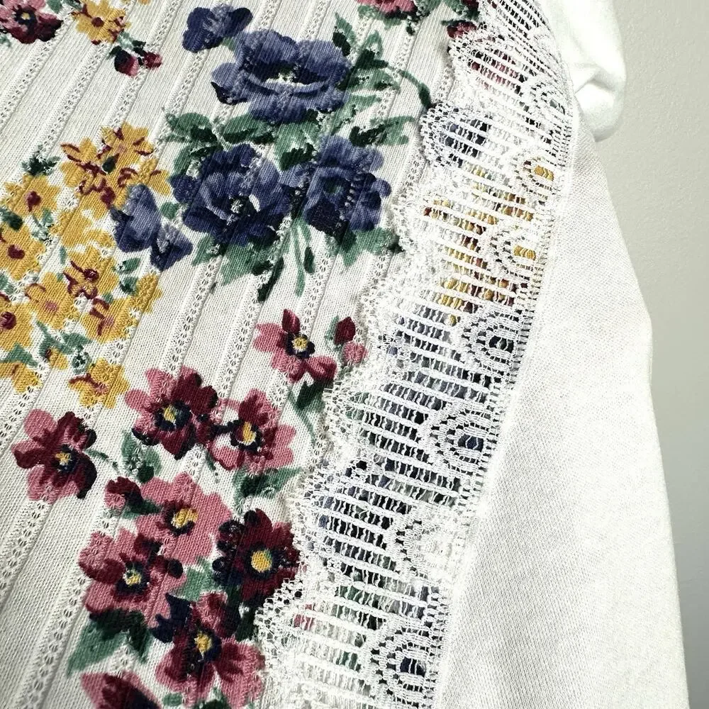 Vintage USA Made Floral Lace Cottagecore Shirt By Alabuy Sz L Grandma Granny